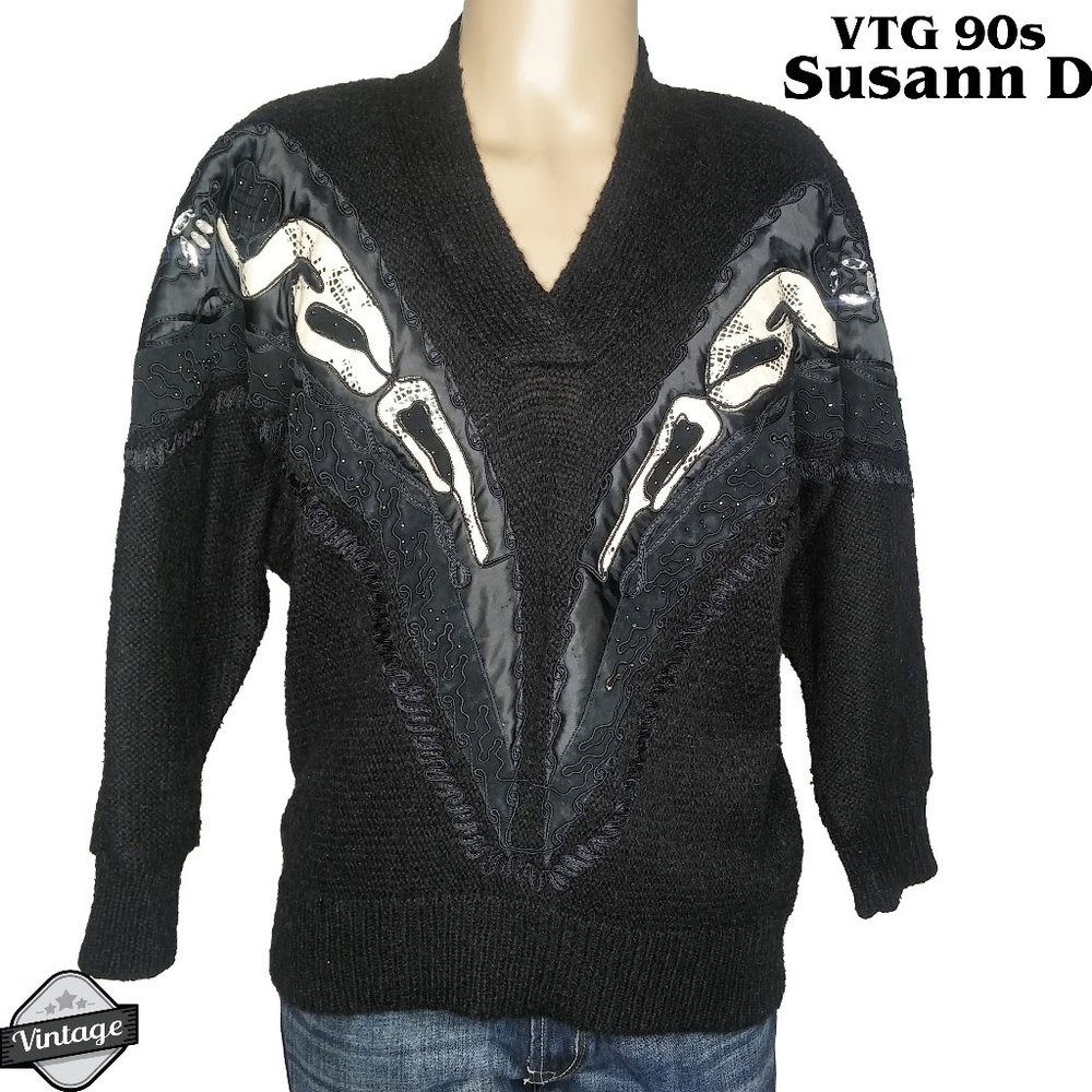 Vintage Susann D Oversized Knit Lace Gem Sweater